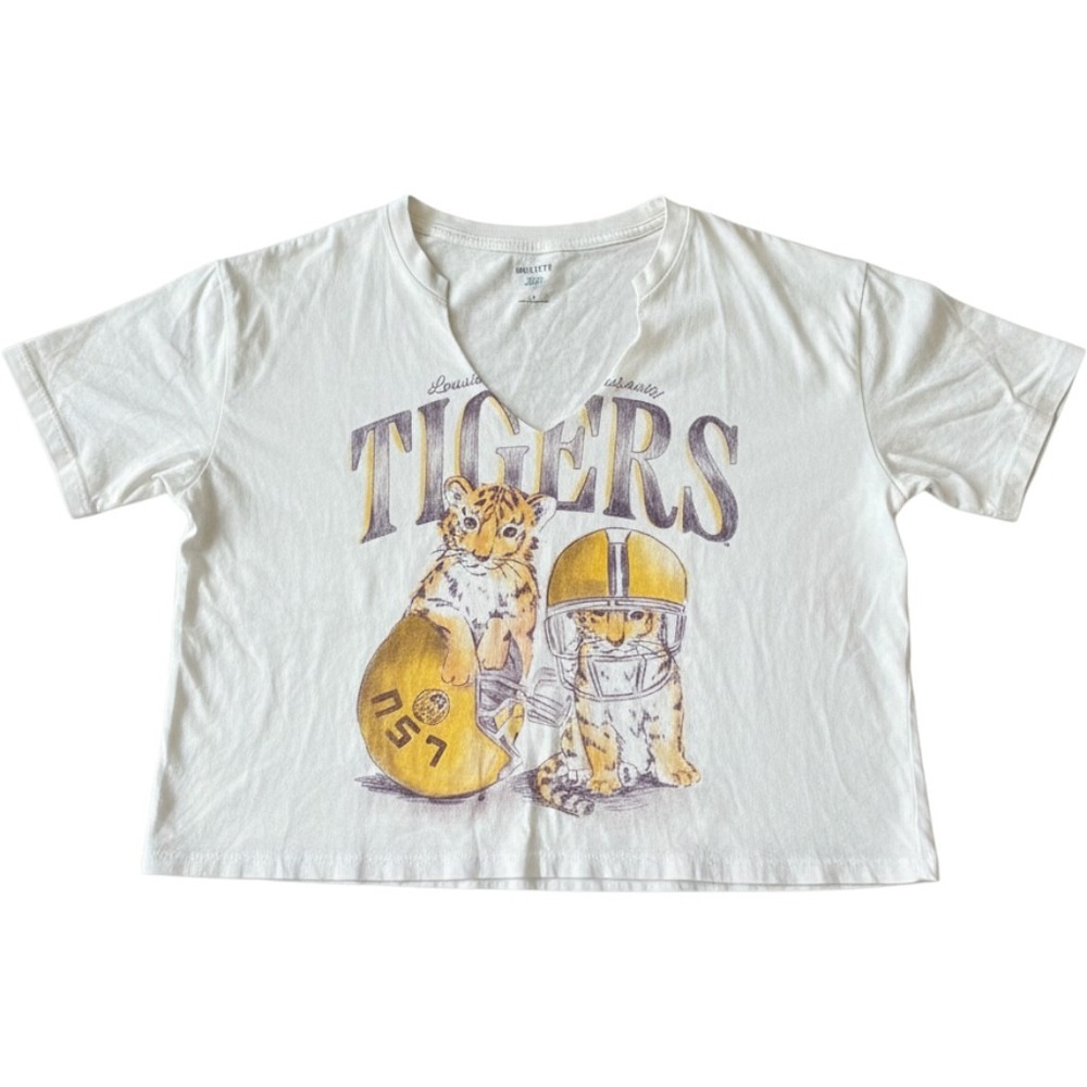 Hollister Graphic Tee Women Small White Louisiana Tigers V-Neck Short Sleeve